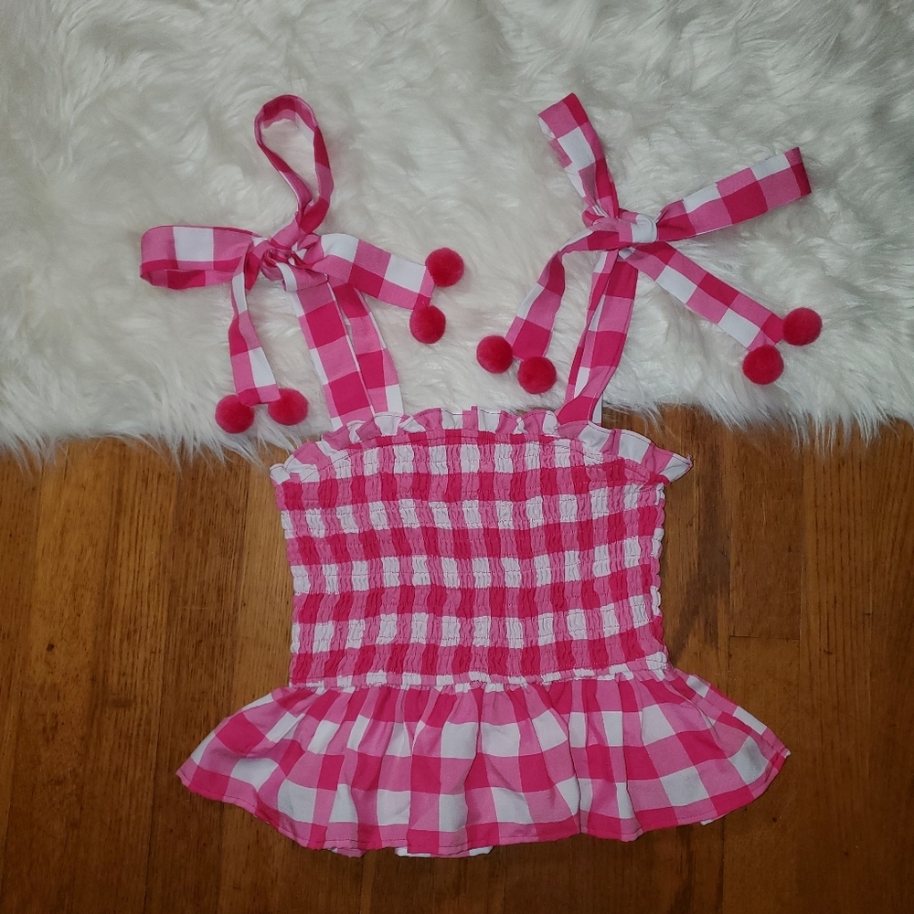 TCEC Smocked Pink and White Gingham Top With Pom Poms